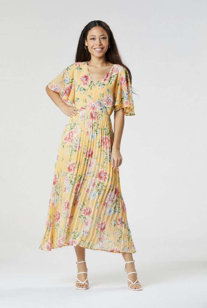 Zibi London Lemon Print Dress with Waterfall Sleeve and Pleated Skirt