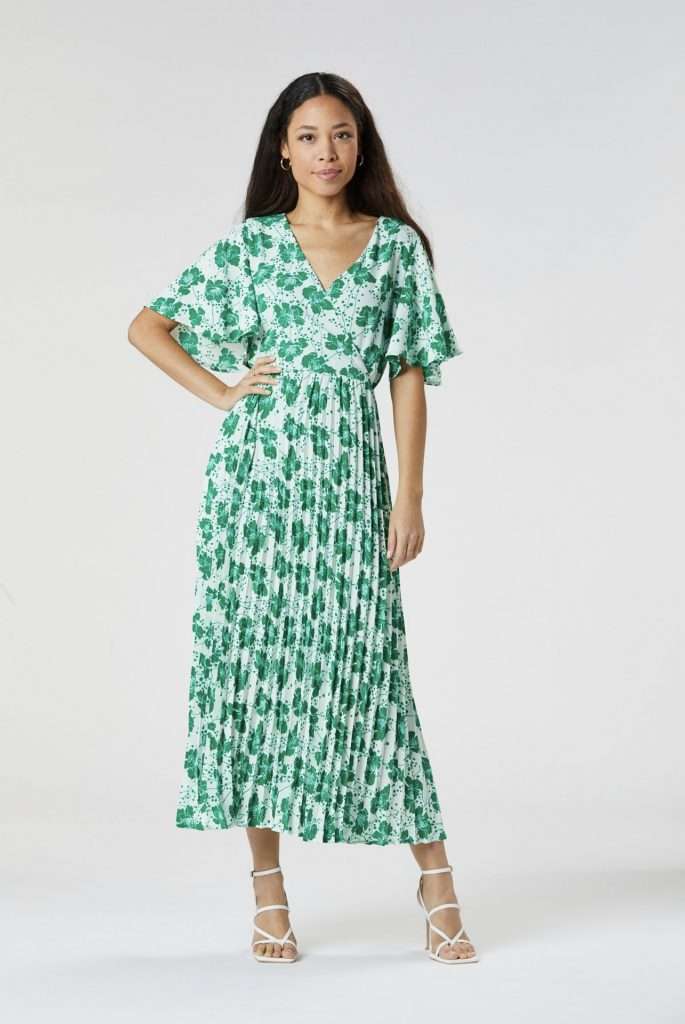Zibi London Green Print Dress with Waterfall Sleeve and Pleated Skirt