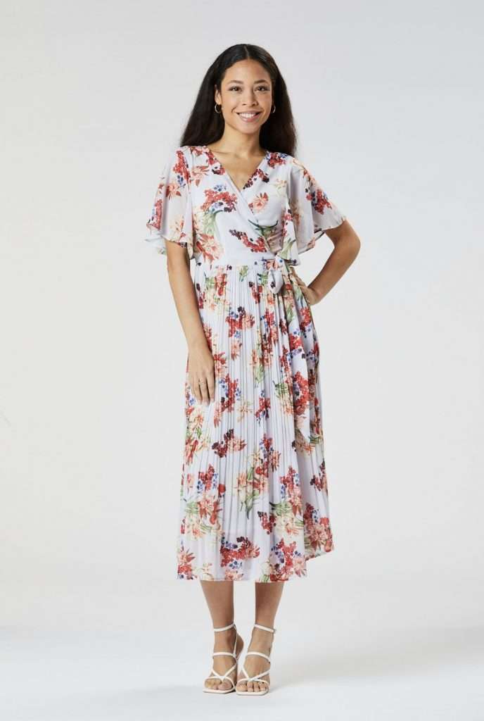 Zibi London Pink Floral Print Wrap Dress with Waterfall Sleeve and Pleated Skirt