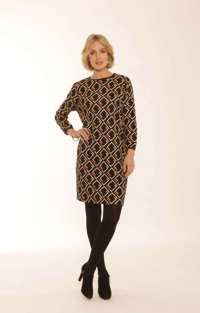 Pomodoro Orange Graphic Print Dress. Straight jersey dress - black with orange graphic print