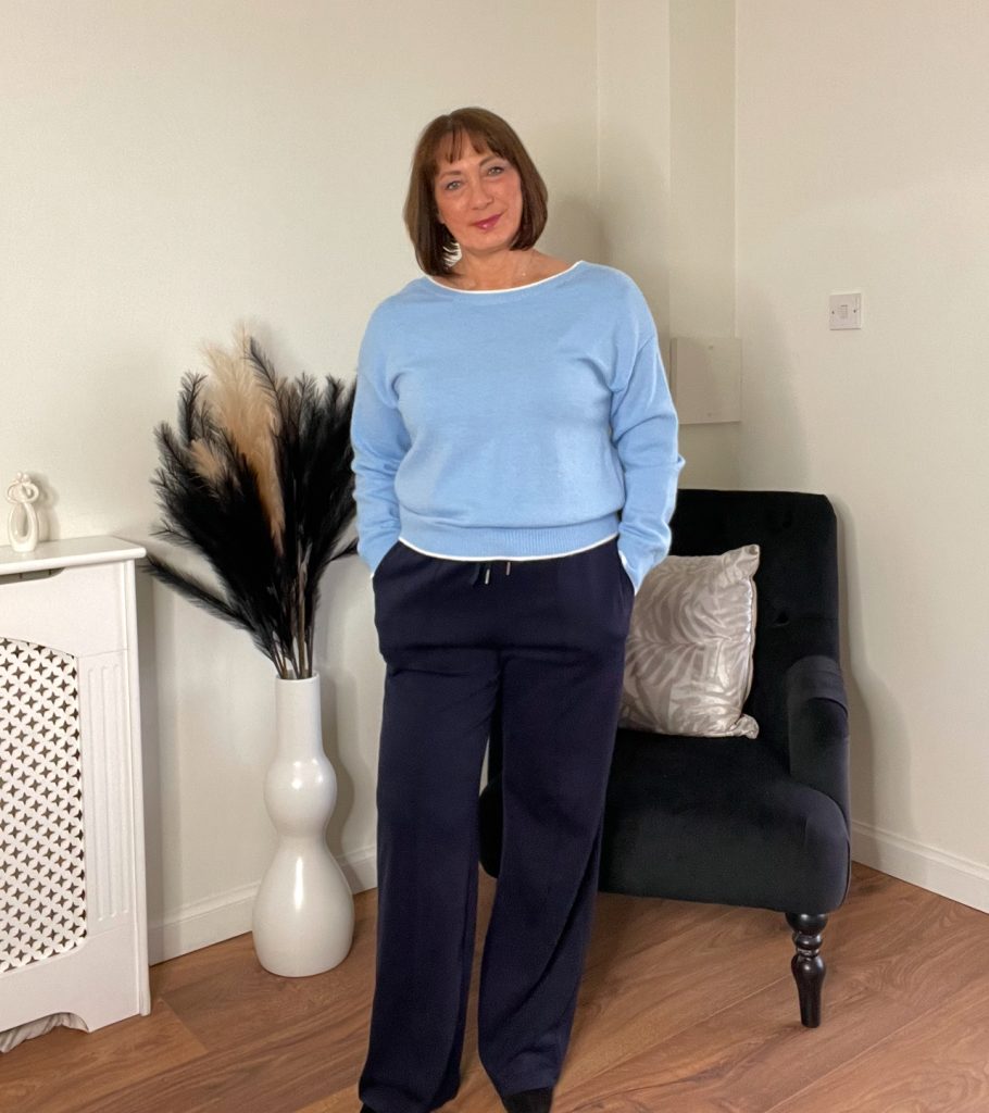 Sadie Blue Bow Back Sweater and Bella Soft Touch Trousers