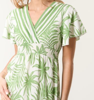 Cara - Tropical Leaf Print Wrap Shirred Dress