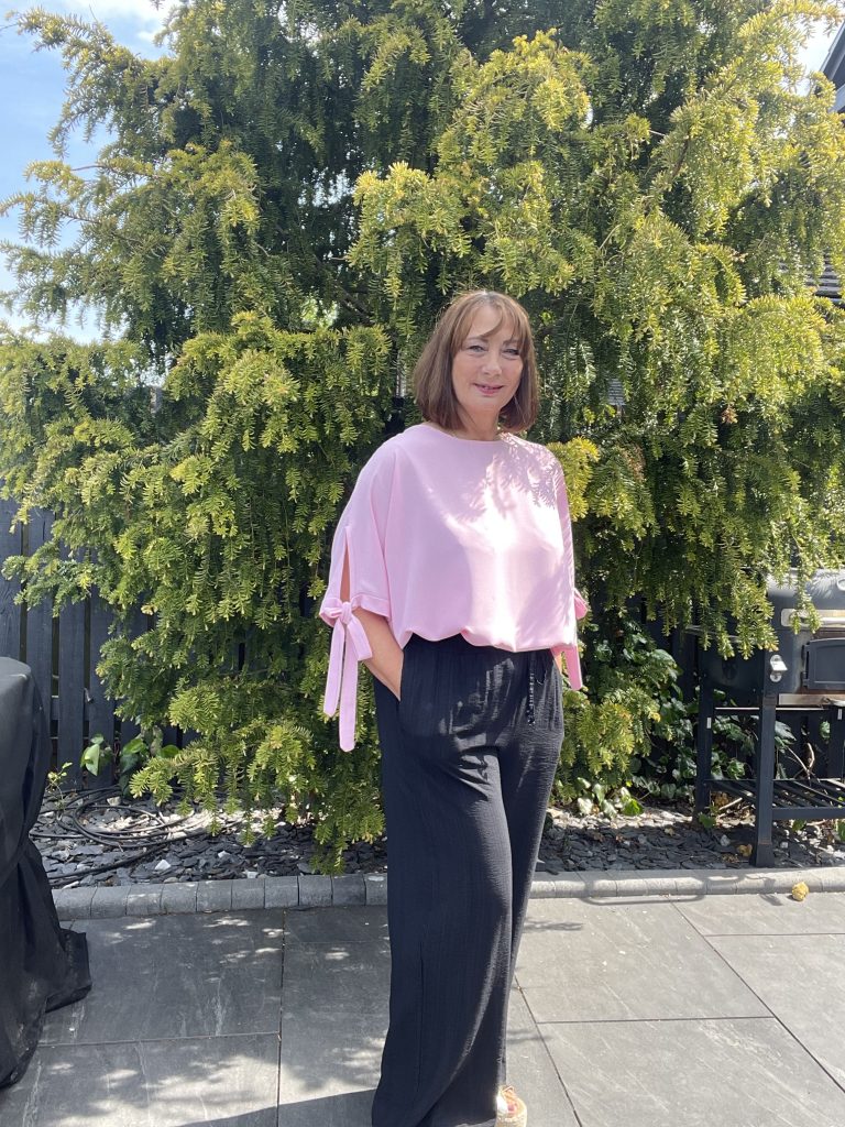 Celine Bubblegum Bow Sleeve Top and Rita - Elasticated Waist Wide Leg Trousers