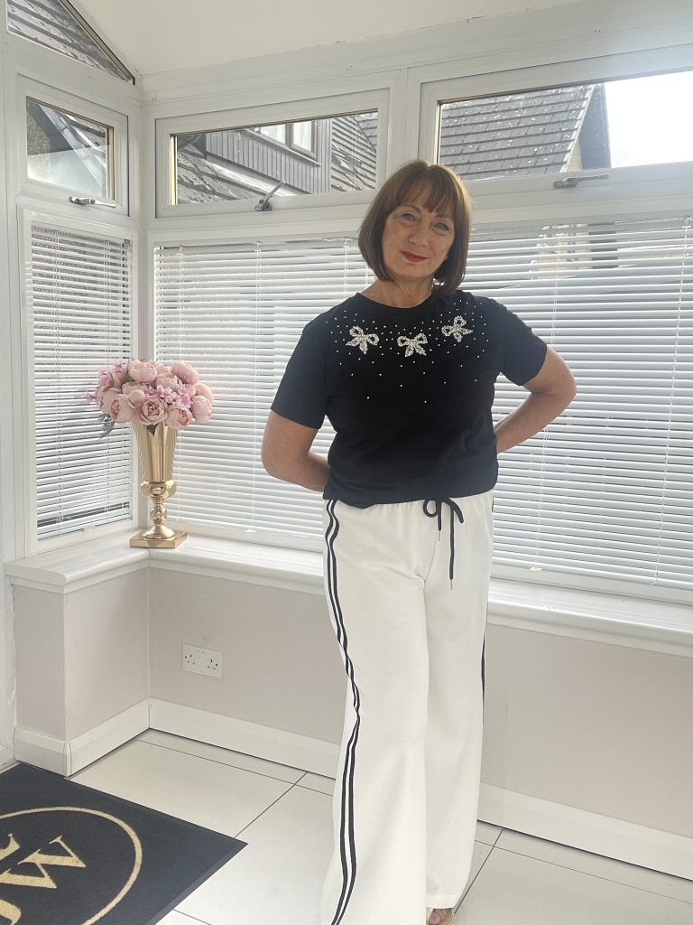 Susie Side Stripe Wide Leg Trousers and Heidi - Black Diamante Bows T Shirt