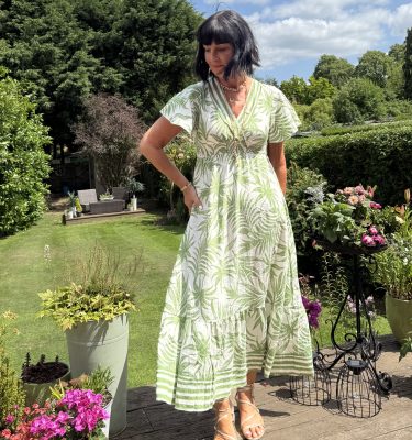 Cara - Tropical Leaf Print Wrap Shirred Dress