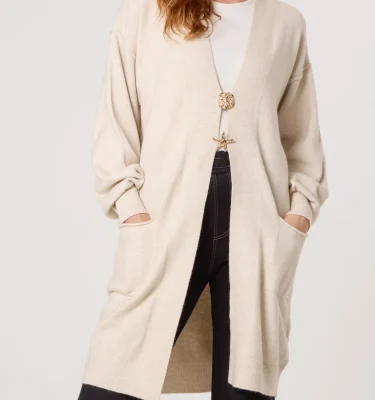 Leila Stone Longline Cardigan with Brooch Fastenings