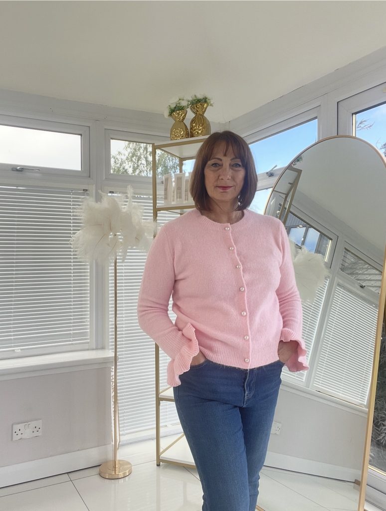 Rose pink fluted cuff pearl button cardigan for women